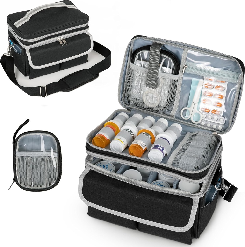 Tıp Depolama Bag, Pill Şişe Kondüktör ile Organize Edildi, Travel Medicine Organizer Box, First Aid Kit with Portable Small Bag, Drug Şişe Organizer Black