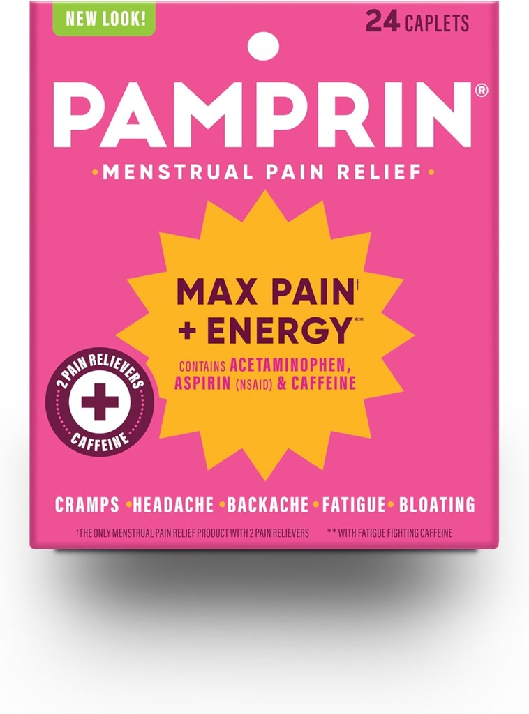 Pamprin Maksimum Güç Max Pain ve Enerji Formula, Erkeklerin yıllık dönem belirtileri Cramps, Bloating ve Fatigue, 24 Caplets ve Fatigue, 24 Caplets