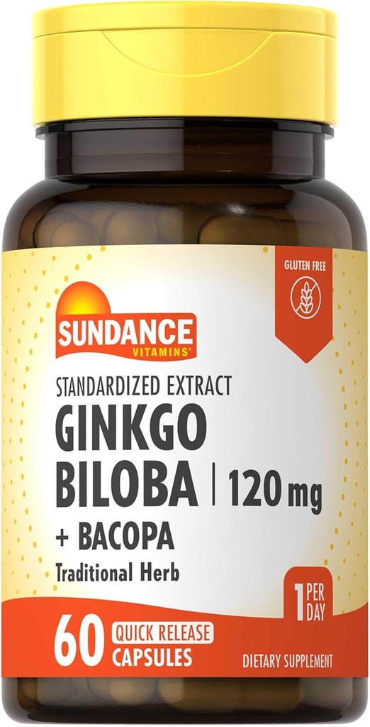 Sundance Ginkgo Biloba Capsules | 120mg | Standardized Extract with Bacopa | Gluten Free Traditional Herb Supplement
