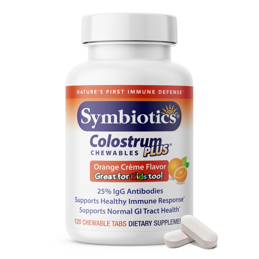 Symbiotics Naturade Colostrum Chewable Tablets Immune & Digestive Support with Lactoferrin, Gluten Free, Low Sugar, Easy Daily Wellness Nutrition (120 Count - Orange Cream)
