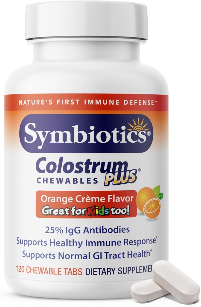 Symbiyotiks Colostrum 120ct Chewables Plus - Immunity Support for Adult & Kids - Lactoferrin Supplement & Colostrum Protein - Destekler Digestion & Gut - 25% lgG Antibodies, Gluten Free - Orange Crememe