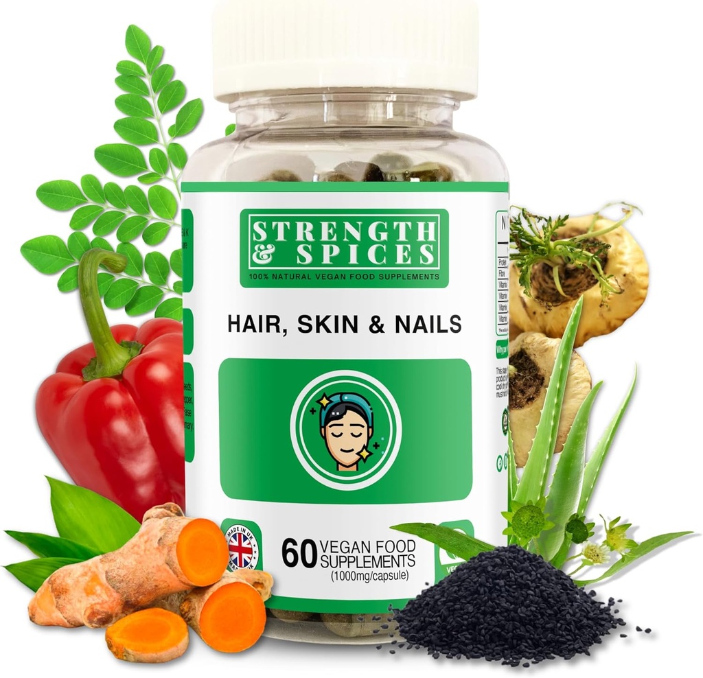 Güçlü & Spices Saç, Skin & Nails% 100 Doğal Supplement – 20 Malzemeler w Biotin Selenium & Çinko - 60 Vegan İngiltere 1000 mg Capsules yaptı