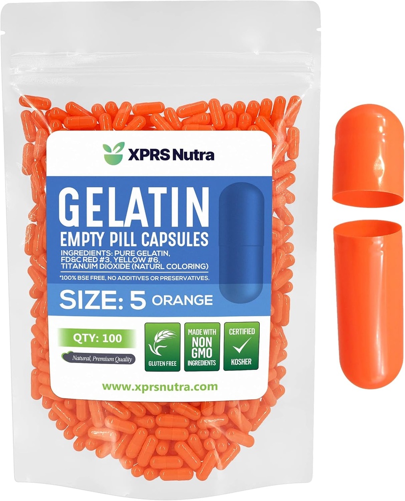 XPRS Nutra Μέγεθος 5 Κενές κάψουλες - 100 Μέτρα Πολύ μικρές κενές κάψουλες Ζελατίνης - Χάπια DIY Καψάκιο Γέμισμα - Γέμισμα χάπια Gel για Do-it-Yourself συμπληρώματα βιταμίνης (πορτοκαλί)
