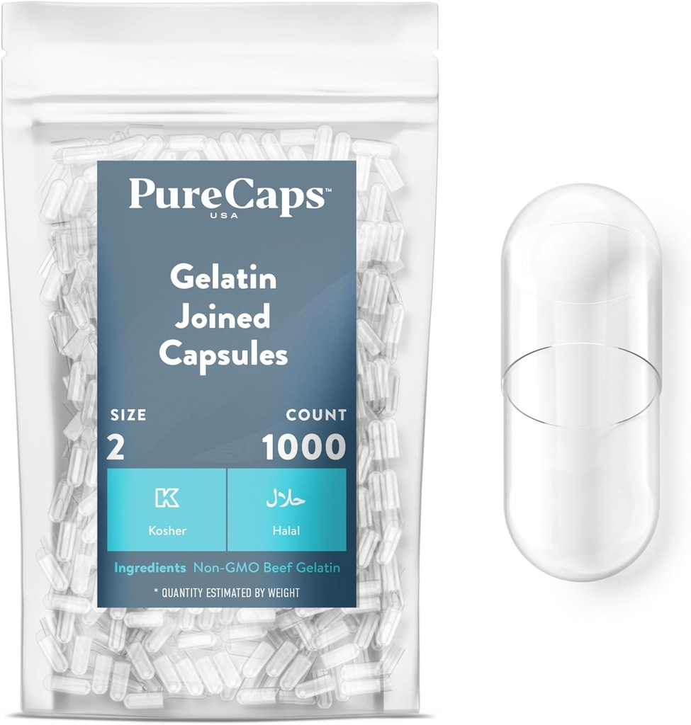 PureCaps USA - Empty Gelatin Capsules Size 2| 1,000 Joined Pills| Clear| Non-GMO Certified | SLS, Gluten, Preservative Free