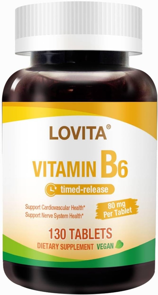 Lovita Vitamin B6 (Υδροχλωρική πυριδοξίνη) 80mg, Χρονική απελευθέρωση, 8 Ώρες Παρατεταμένη, Υποστηρίξτε την Καρδιαγγειακή & Νεύρα Υγεία, 130 Vegan Tablet