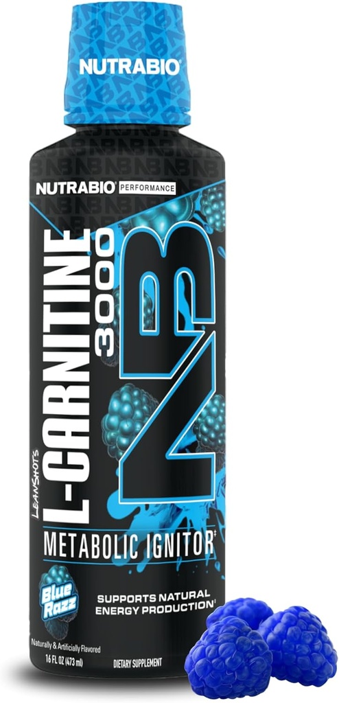 NutraBio – L-Carnitine Sıvı Shots – 3000 mg, (Mavi Razz) – 10 mg B-5 Vitamini - Zero Carbs & Sugars – Enerji Üretimi – Kas Recovery