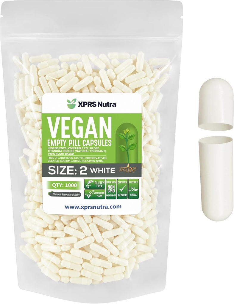 XPRS Nutra Boyutu 2 Boş Kapsüller - 1000 Boş Vegan Capsules - Vejetaryen Boş Pills - DIY Sebze Kapsülü - Veggie Caps Pills (Beyaz)