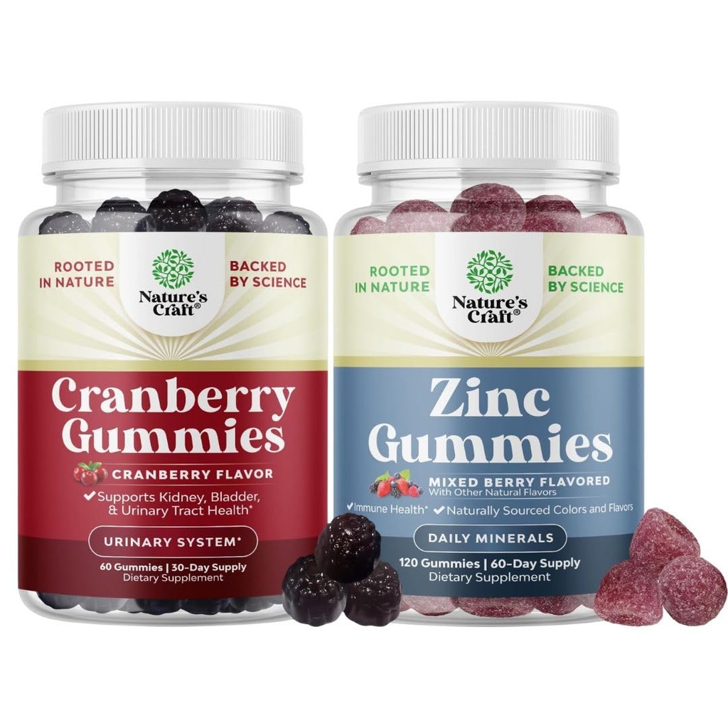 Δέσμη των Φυσικών Gummies Cranberry για γυναίκες και άνδρες και επιπλέον δύναμη ψευδάργυρου για ενήλικες - Επιπλέον δύναμη Νόστιμα αντιοξειδωτικά Cranberry Chews - Μασώμενη ψευδάργυρο Citrate 50mg Ανοσία
