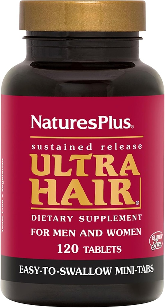 Natures Plus Ultra Saç, Sustained release - 120 Easy to Swallow Mini Tabletler - Erkekler ve Kadınlar Tamam için Doğal Saç Büyüme - Uzun, Kanlı Saç - Vejetaryen, Gluten-Free - 30 Hizmet