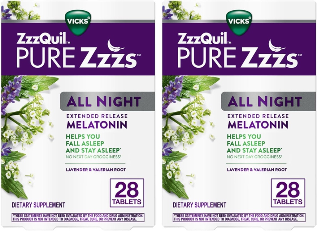 ZzzQuil PURE Zzzs All Night Extended Release, δισκία μελατονίνης Sleep Aid, Helps You Stay Asleep Longer, Sleep Aid for Adults, 2 mg ανά δισκίο, 56 Total Tablets (2 συσκευασίες των 28)