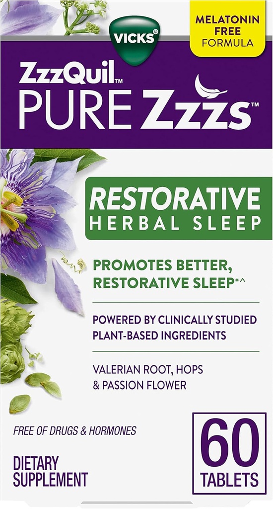 ZzzQuil PURE Zzzs Restorative Herbal Sleep, Tabletler, Uyuşturucu ve Hormonlar, Melatonin-Free Formula, Valerian Root, Hops, Passion Flower, Sleep Aids for Yetişkinler, 60 Count