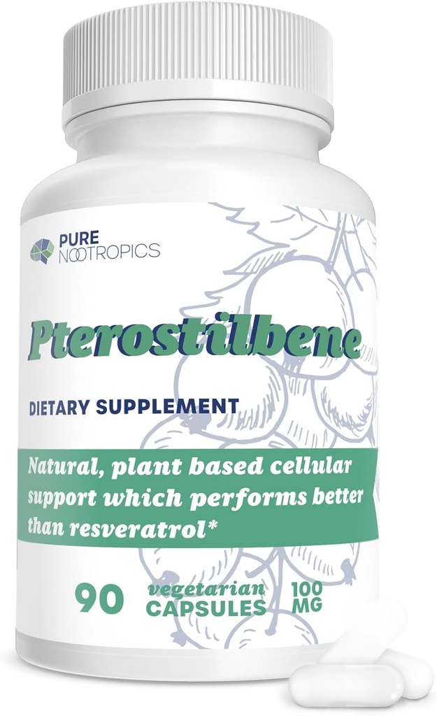 Saf Nootropics - Pterostilbene 100 mg Capsules (90) | Ev ve Rigorous 3rd Parti Yüksek Yüksek Yüksek Yüksek Saflık ve Potency için Test