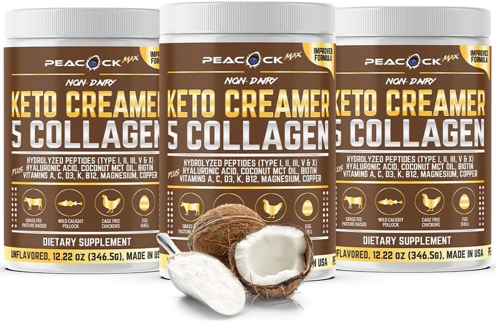 Collagen Keto Coffee Creamer σε σκόνη 12.22 oz, Συσκευασία των 3, Hydrolyzed Collagen Peptides με καρύδα MCT Λάδι, μαγνήσιο, σκόνη πρωτεΐνης χωρίς γεύση, κρέμα καφέ χωρίς ζάχαρη για smoothies