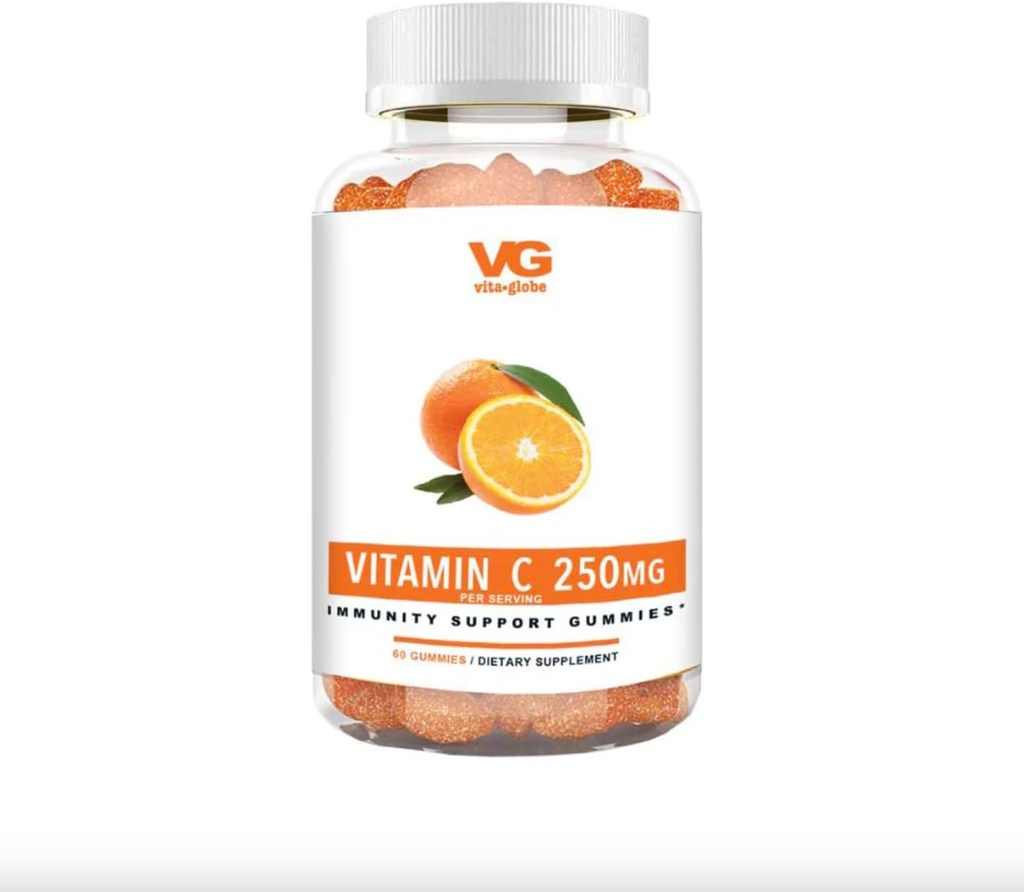 VITA GLOBE Vitamin C 250 mg Gummy Vitamins- Immune System Alert, Non-GMO, Vegan ve Doğal Orange Flavor, 60 Kont ( 1)