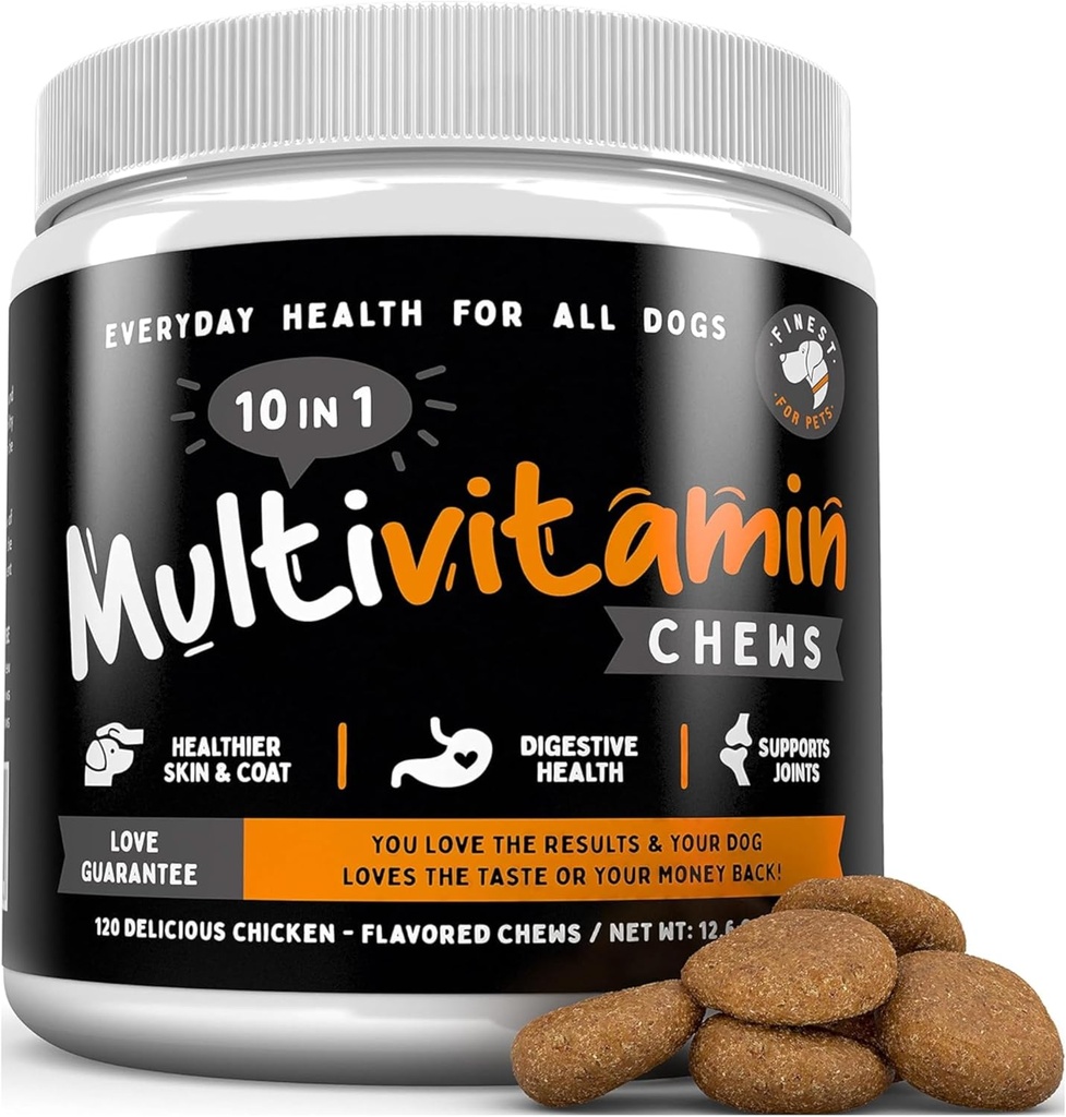 Πρόστιμο για κατοικίδια Multivitamin Dog Συμπλήρωμα – 10 σε 1 με Omega Fish Oil & Glucosamine για βελτιωμένη κοινή & δερματική υποστήριξη, κόκκαλο, πέψη & ανοσοποιητική καθημερινή υγεία (120 μασώμενα θεραπείες)