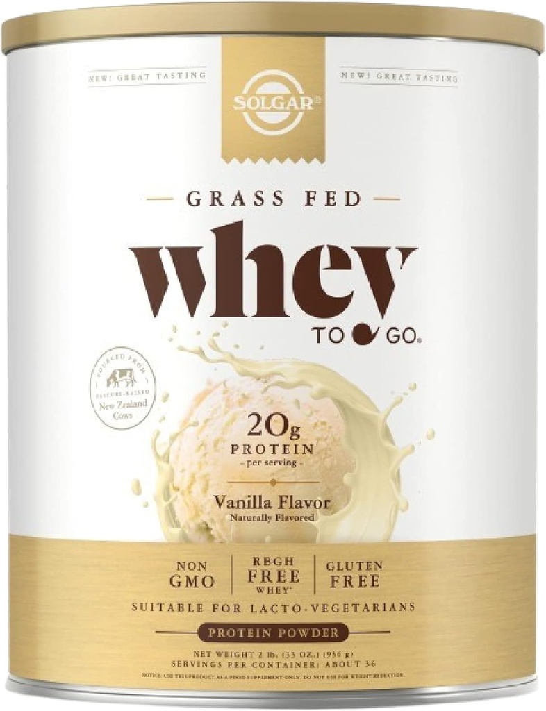 Solgar Grass Fed Whey Go, Vanilla - 2 lb - Grass-Fed Whey protein Toz - rBGH Free, Non-GMO, Gluten Free - 36 Hizmetler