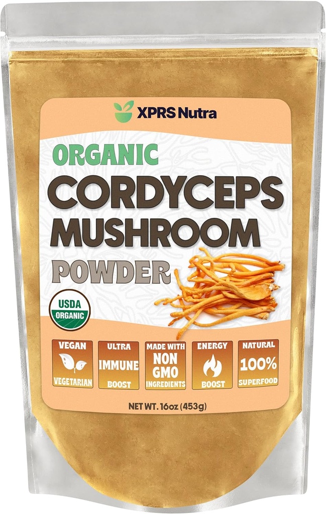 XPRS Nutra Organik Cordyceps Mushroom Toz - Premium Cordyceps Mushrooms - Real Mushrooms Cordyceps Toz Supplement for Energy and Immune Support - Vegan-Friendly Mushroom Cordyceps (16 oz)