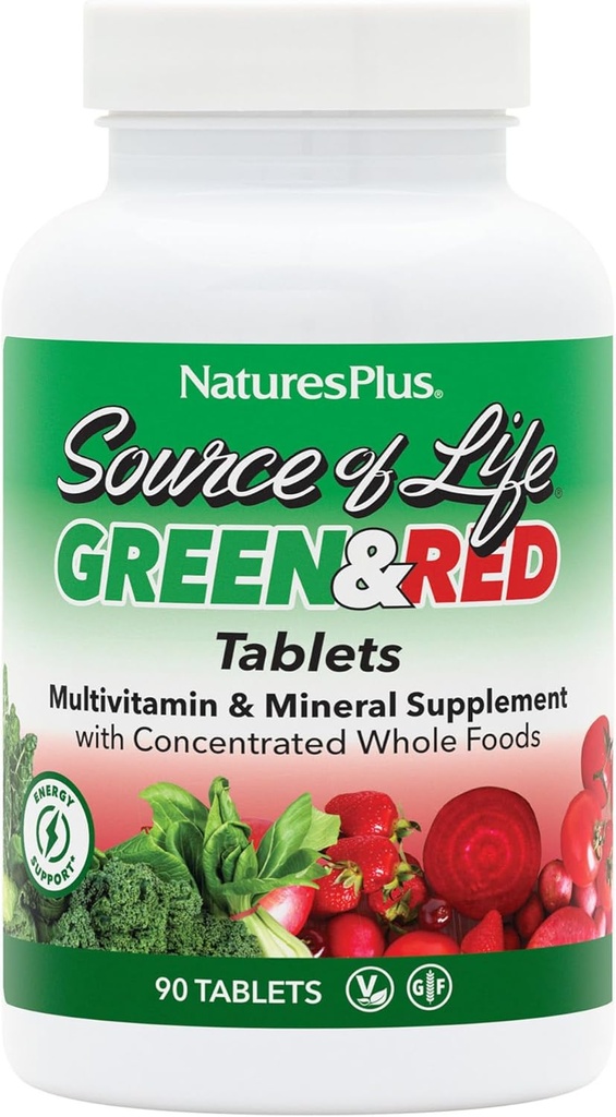 NaturesPlus Πηγή Ζωής Πράσινη & Κόκκινη Πολυβιταμίνη - 90 δισκία - με συμπυκνωμένα ολόκληρα τρόφιμα - χορτοφαγικά, χωρίς γλουτένη - 30 Σερβιέτες