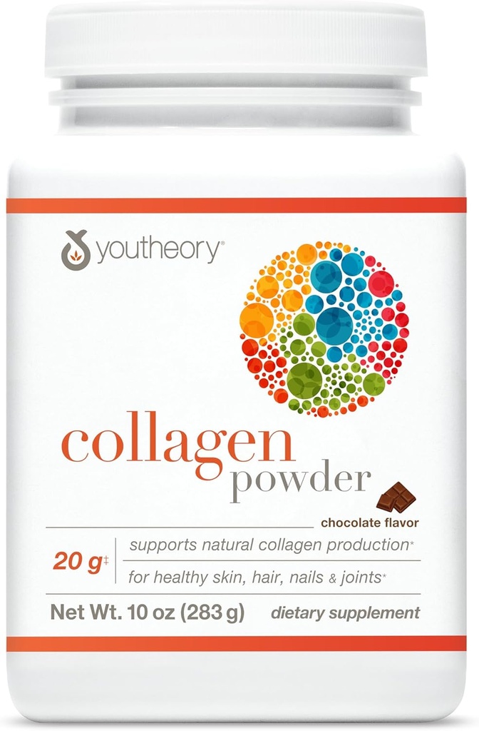Youtheory Collagen Powder - με Αμινοξέα, Ορυκτά, Βιταμίνη C & B7 (Biotin) - Υποστηρίζει υγιή οστά, μύες, μαλλιά, νύχια, δέρμα & αρθρώσεις* - Hydrolyzed - σοκολάτα - 10 oz (12 Servings)
