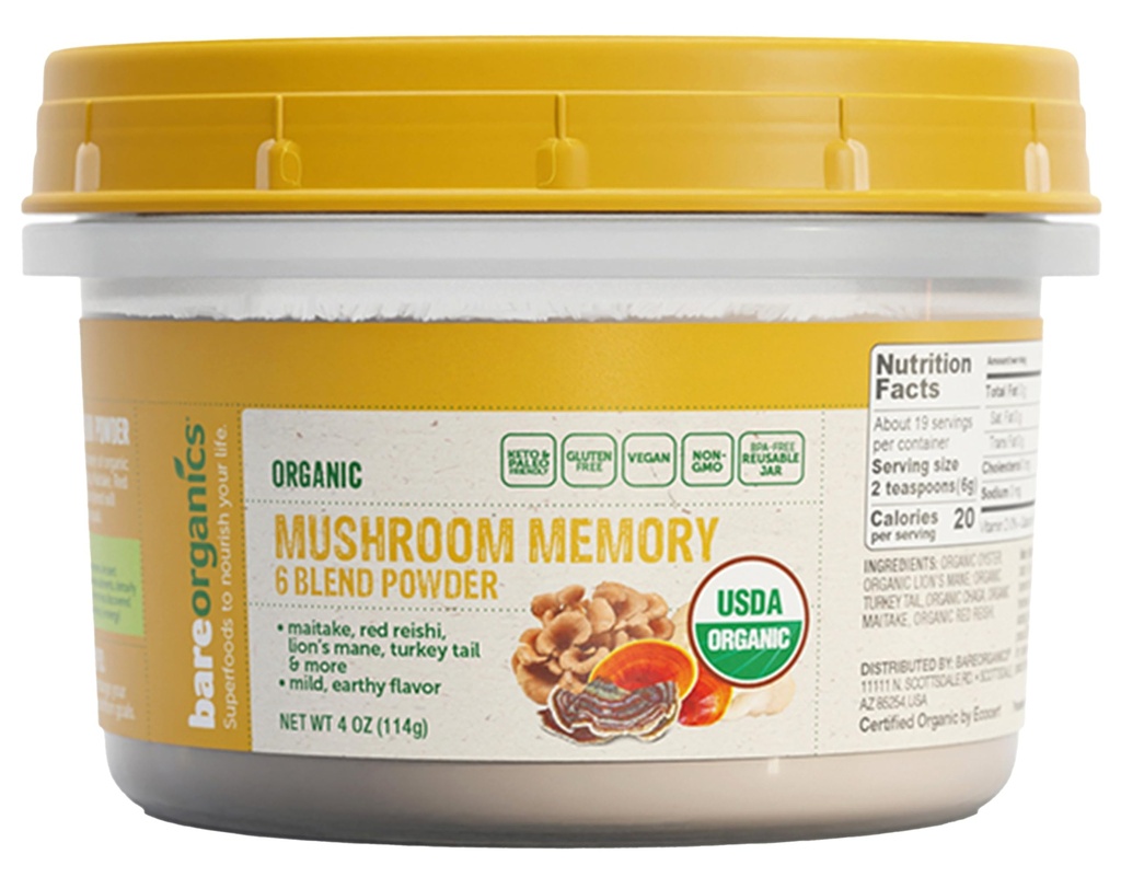 BareOrganics Mushroom Memory Blend Powder – Βιολογικό συμπλήρωμα μανιταριών με Mane, Reishi, Maitake & Turkey Tail, Vegan Adaptogenic Powder - 4 oz