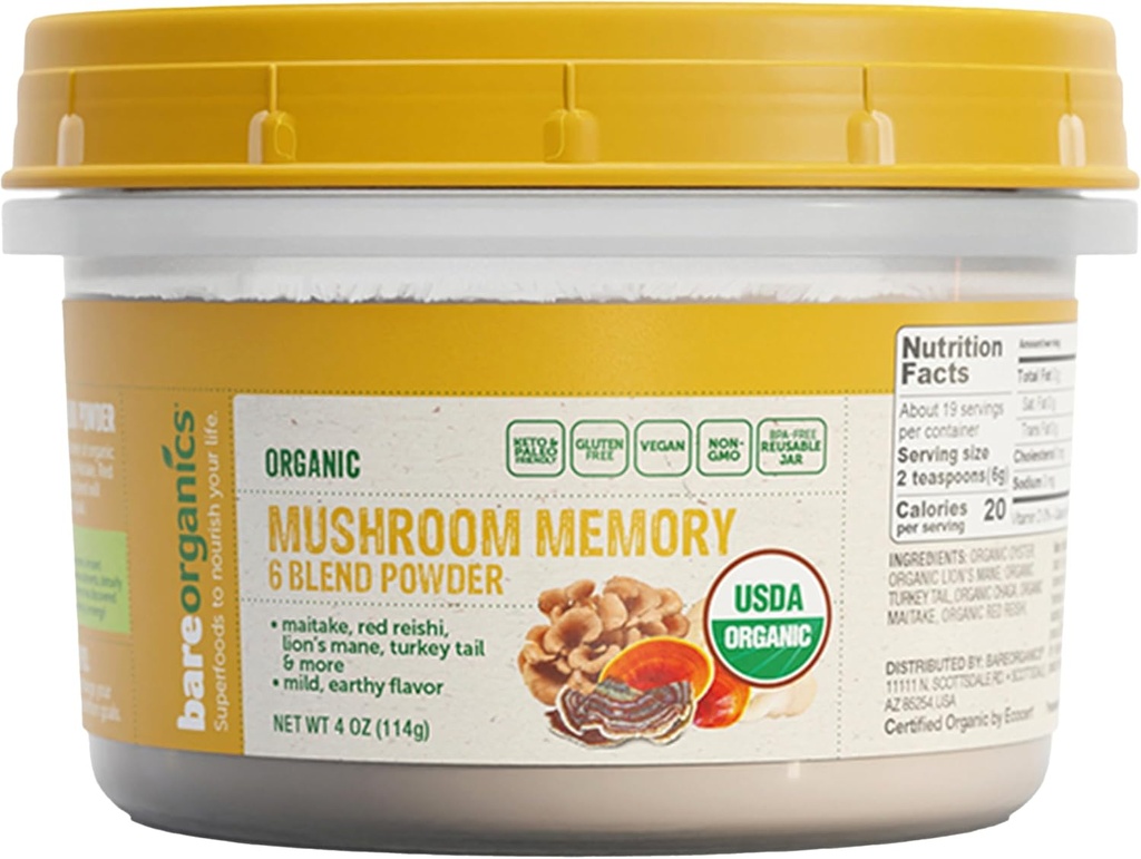 BareOrganics Mushroom Memory Sac - Organik Superfood Mushroom Supplement with Lion's Mane, Reishi, Maitake & Turkey Tail, Vegan Toz - 4 ozroom Memory
