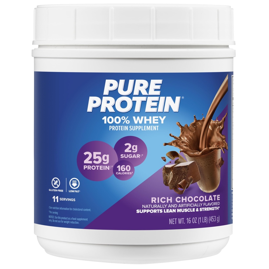 Pure Protein Powder, Whey, High Protein, Low Sugar, Gluten Free, Rich Chocolate, 1 lb