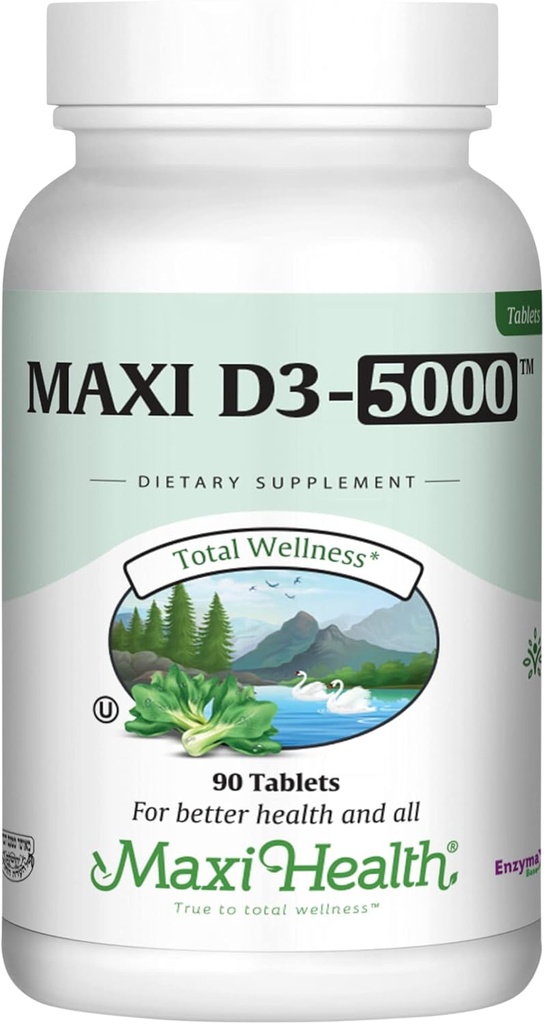 Maxi Health Vitamin D3 5000 IU (125 mcg) - Yüksek Dose Vitamin D 5000 IU - Sağlıklı Kemikler, Dişler, Immune Support - Kosher Pure High Potency Vit D3 (90 Tablet)