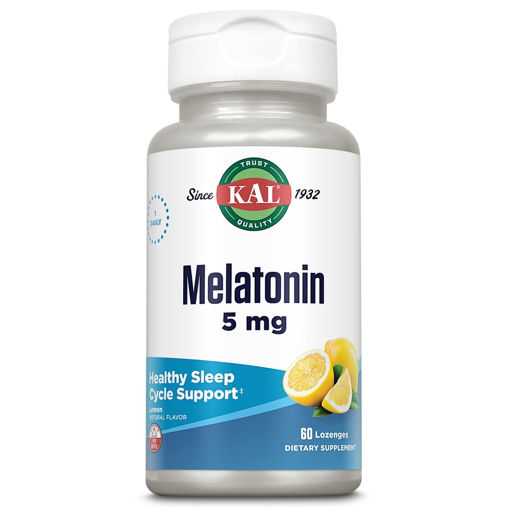 KAL Melatonin 5 mg Sleep Aid Lozenges, Melatonin Supplement Supports Sleep Quality, Calming Relaxation ve Sağlıklı Bir Uyku Döngüsü, Eklenmiş Vitamin B6, Vegetarian, Natural Lemon Flavor, 60 Lozenges