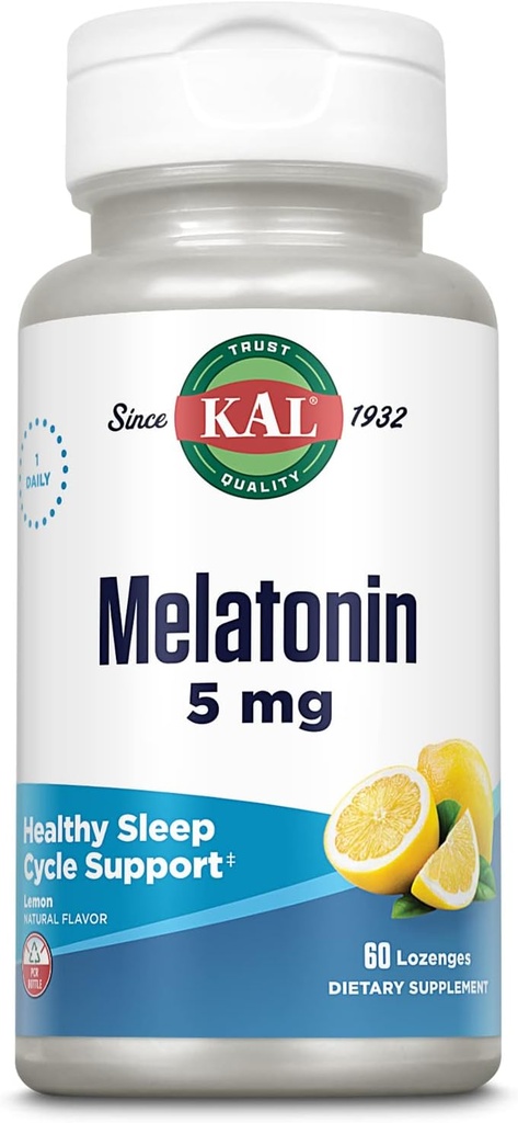 KAL Melatonin 5 mg Sleep Aid Lozenges, Melatonin Supplement Supports Sleep Quality, Calming Relaxation ve Sağlıklı Bir Uyku Döngüsü, Eklenmiş Vitamin B6, Vegetarian, Natural Lemon Flavor, 60 Lozenges
