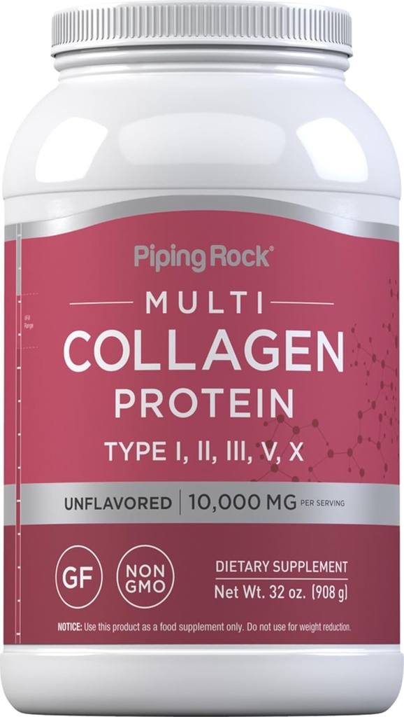 Piping Rock Multi Collagen protein Toz | 32oz | Kadınlar ve Erkekler için Tamam | Tipler I, II, III, V, X | Unflavored | Non-GMO, Gluten Free