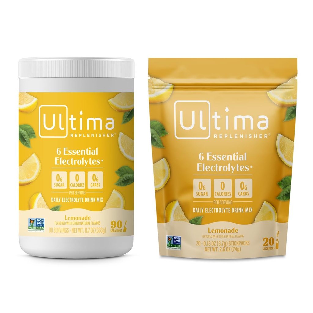Ultima Replenisher Electrolyte Toz İçecek Mix Sche – Sugar Free – Lemonade, 90 Canister ve 20 Stickpacks – 6 Electrolytes and Minerals – Keto Friendly, Vegan, Non-GMOMO