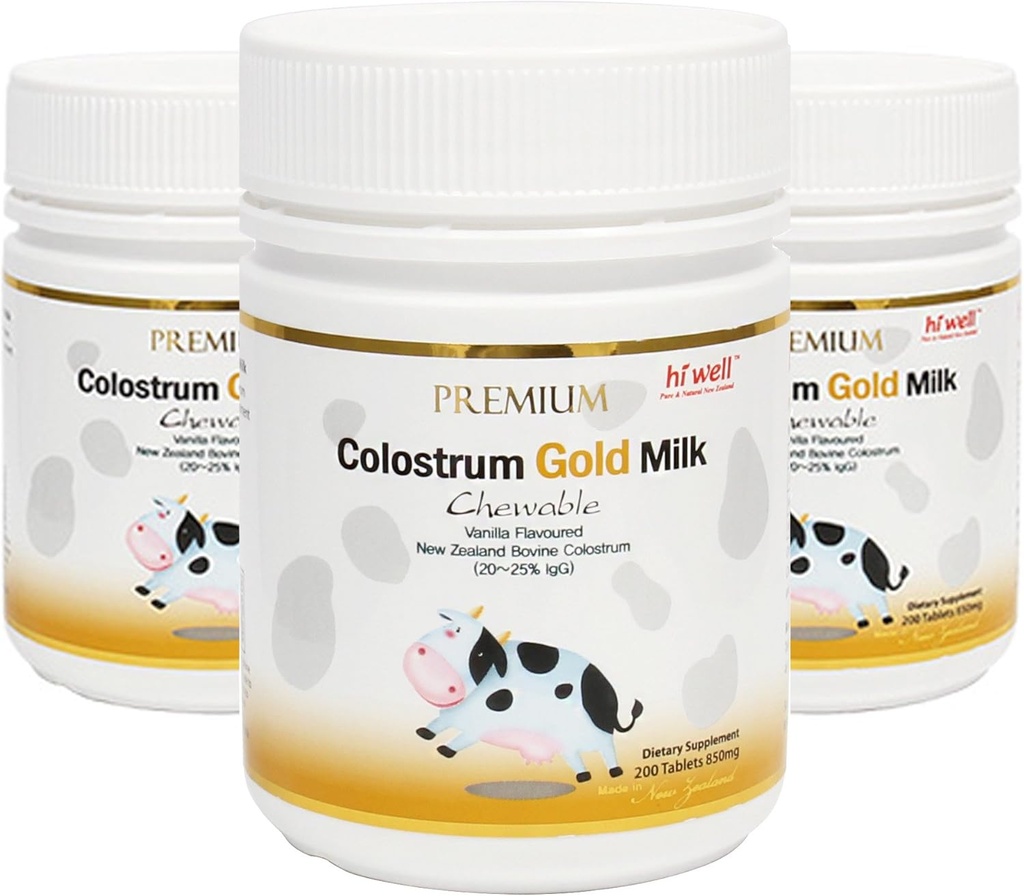 Hi Well Premium New Zealand Bovine Colostrum Gold Milk 200 Chewables Tablets Immunoglobulin G (Igg) 20~25% (Pack of 3)