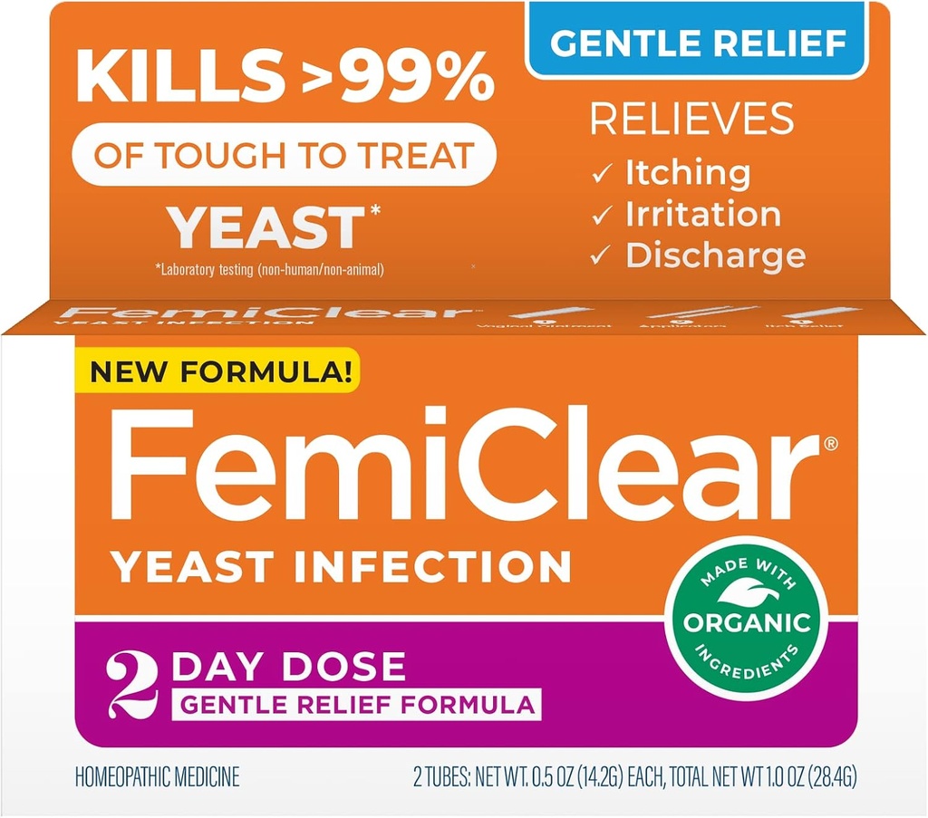 FemiClear Gentle Relief Formula 2 Day Enfeksiyon Tedavisi, Daha Hassas Bireyler için Gerçek Formula, Tüm Doğal Malzemeler Ointment + Dış Itch Relief Ointment, Feminine Care Products Products
