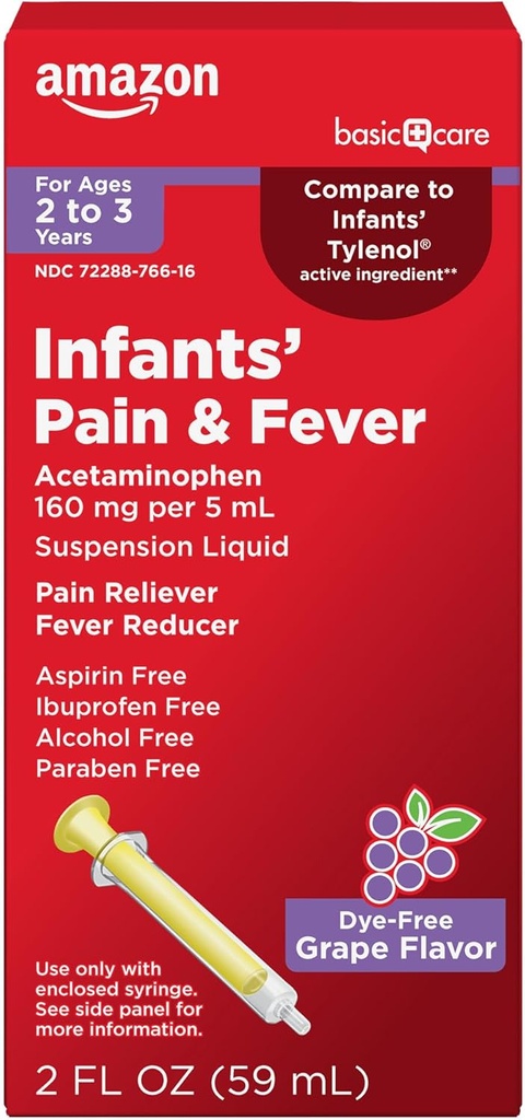   Basic Care Infants' Pain & Fever, Acetaminophen 160 mg per 5 mL, Suspension Liquid, Dye-Free Grape Flavor, 2 fl oz (Pack of 1)