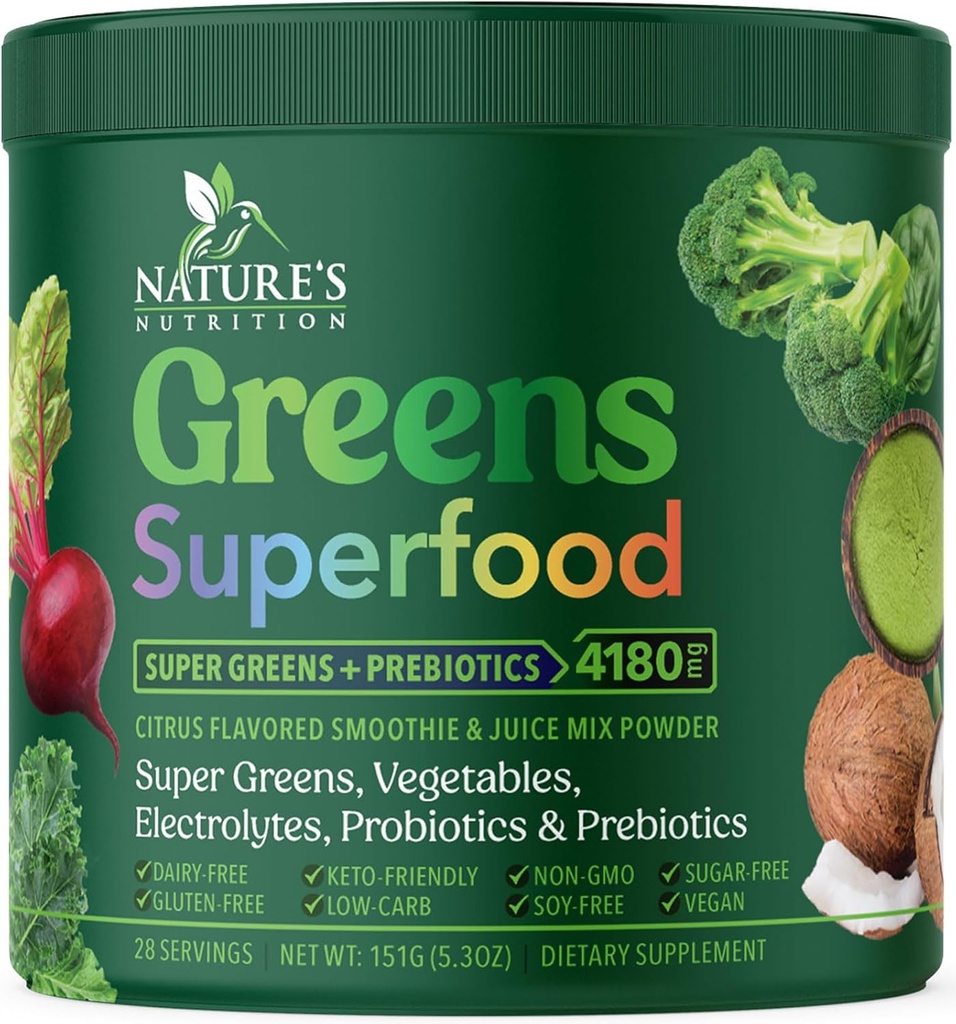 Greens Toz Superfood - Premium Organik Super Greens Juice Toz - Probiyotikler, Buğday Grass, Enzymes, Spirulina, Chlorella for Digestive & Gut Health, Smoothie Drink Mix - 28 Servisler