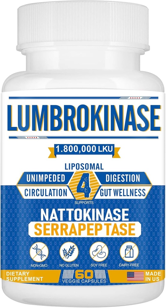 Liposomal Lumbrokinase Nattokinase Serrapeptase Complex, Lumbrokinase Supplement for Circulation Heart Health and Digestion, 60 Κάψουλες