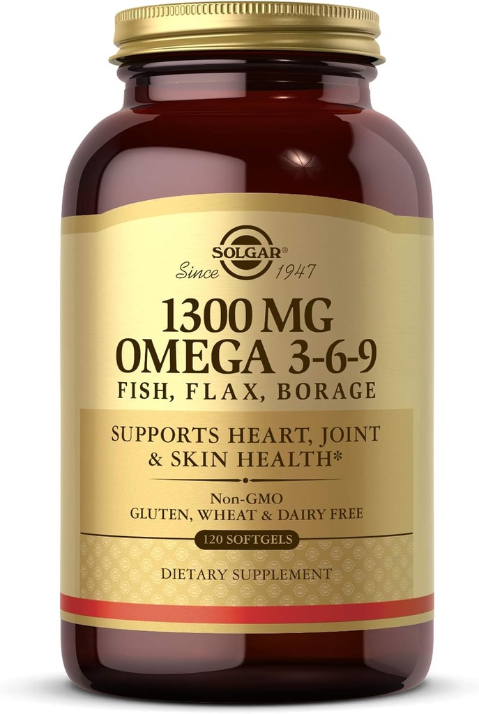 Solgar 1300 mg Omega 3-6-9, 120 Softgels - Fish Oil Supplement - Ortak ve Cilt Sağlığı için Destek - Flaxseed & Borage - Contains EPA & DHA Omega 3 Fatty Asits - 40 Hizmetler