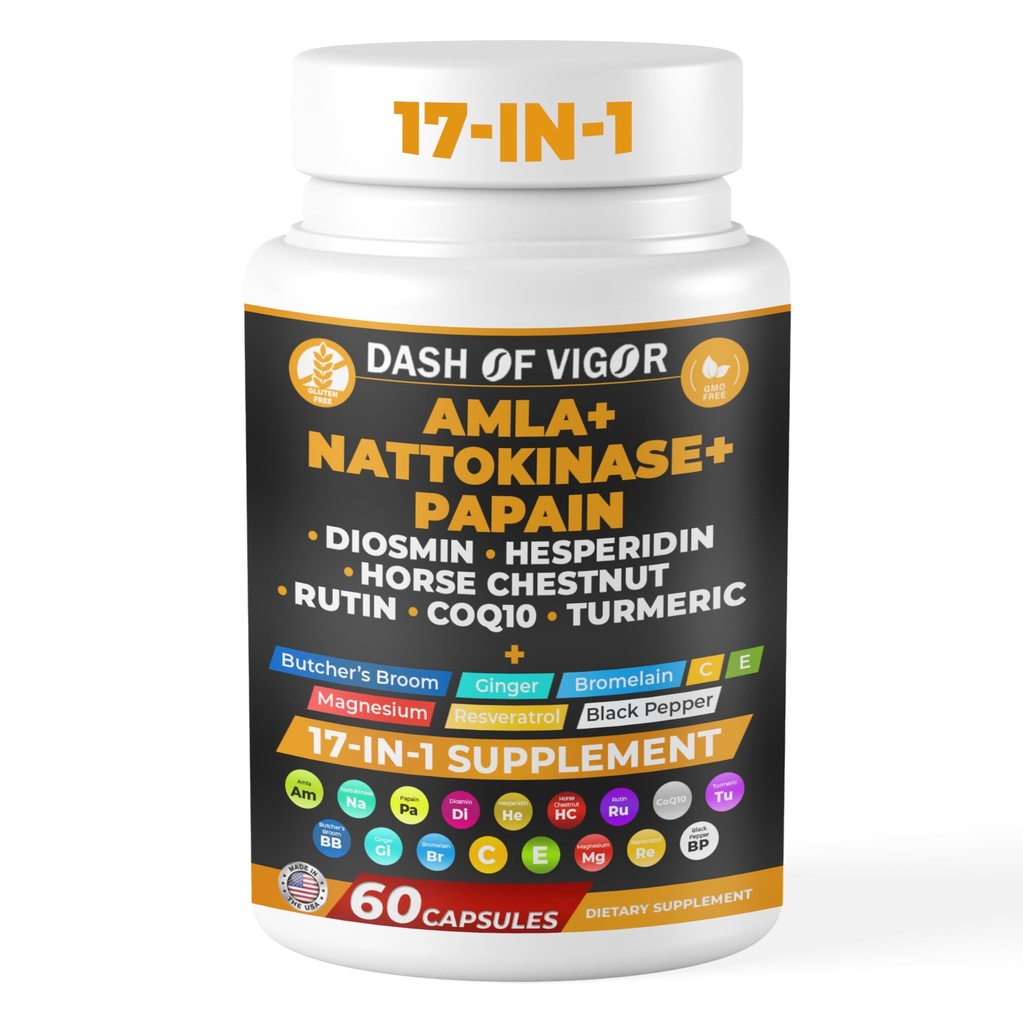 Dash of Vigor 17-in-1 Amla Extract, συμπλήρωμα παπαΐνης, συμπλήρωμα Nattokinase Diosmin Hesperidin, CoQ10 με εκχύλισμα Turmeric, εκχύλισμα αλόγου Chestnut, βιταμίνη C και Rutin, ΗΠΑ, 60 κάψουλες