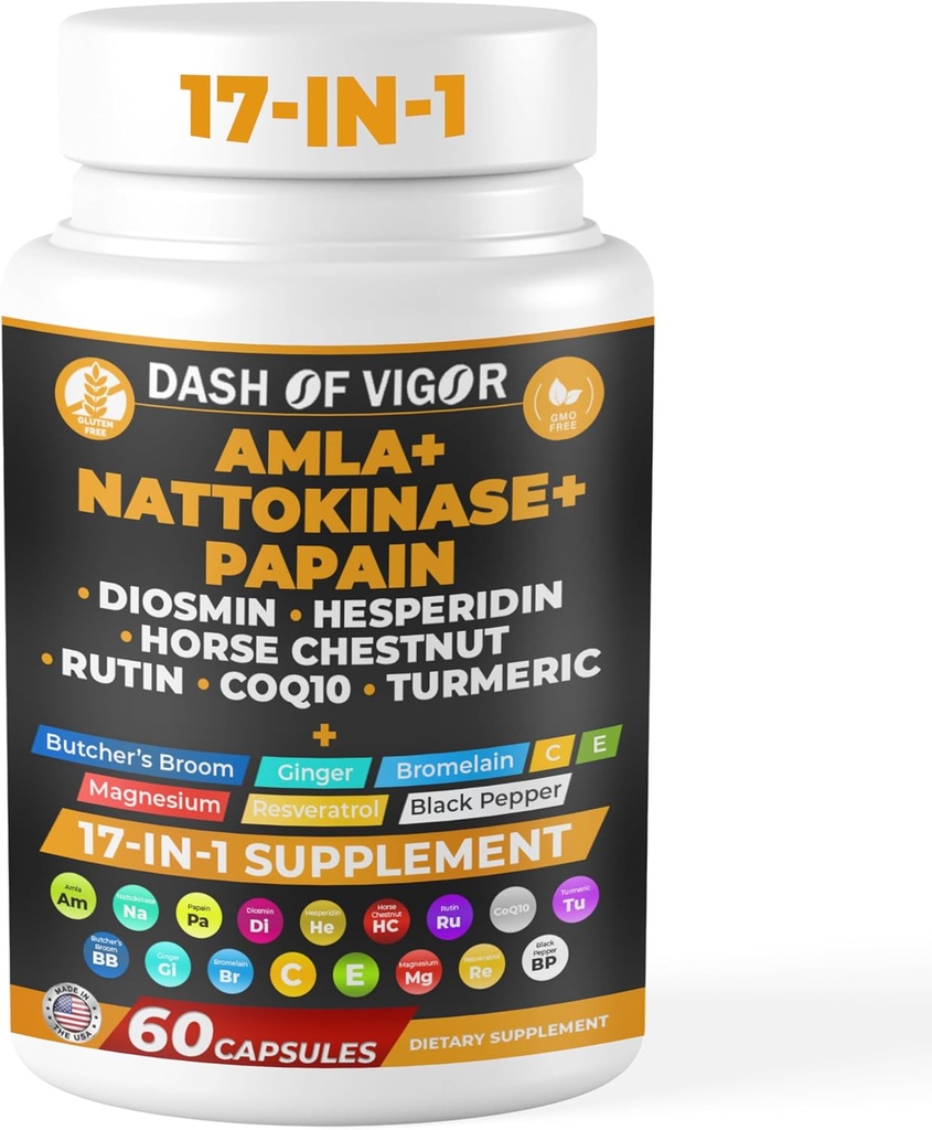 The Dash of Vigor 17-in-1 Amla Extract, Papain Supplement, Nattokinase Diosmin Hesperidin Supplement, CoQ10 with Turmeric Extract, Horse Chestnut Ekstraksiyon, C ve Köln, ABD, 60 Capsules