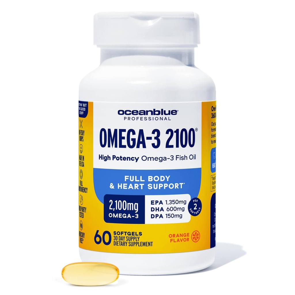 Oceanblue Professional Omega-3 2100-60 Count - Τριπλή δύναμη υψηλής ισχύος Burpless Fish Oil συμπλήρωμα με EPA, DHA & DPA - Πορτοκαλί Γεύση, 30 εξυπηρετούν