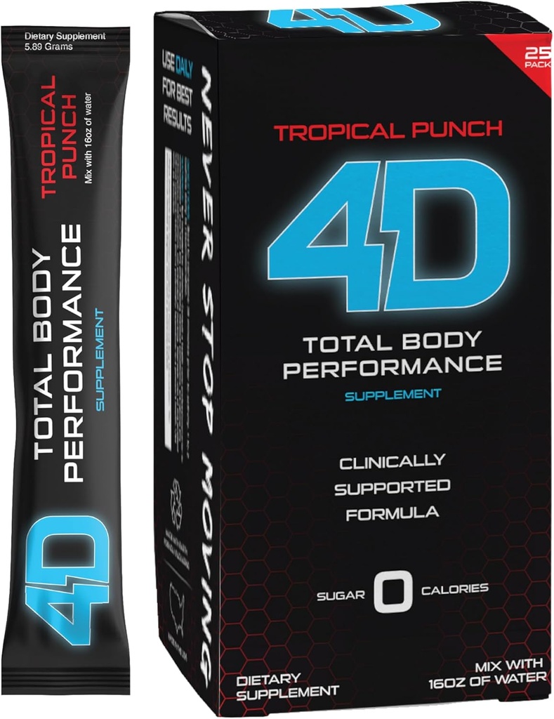 4D - Tropical Punch 25 Μονάδα κουτί- Βιταμίνες & Ενεργειακά πακέτα σκόνης - Μηδέν θερμίδες & σάκχαρα - Χωρίς γλουτένη, μη GMO, Keto & Vegan φιλικό