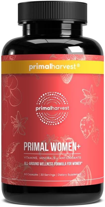 Primal Harvest Women+, Woman's Multivitamin Vitamin A, Vitamin C, Vitamin D ve E, B12, B6, Biotin, çinko Supplements,1 Pack 60 Capsules