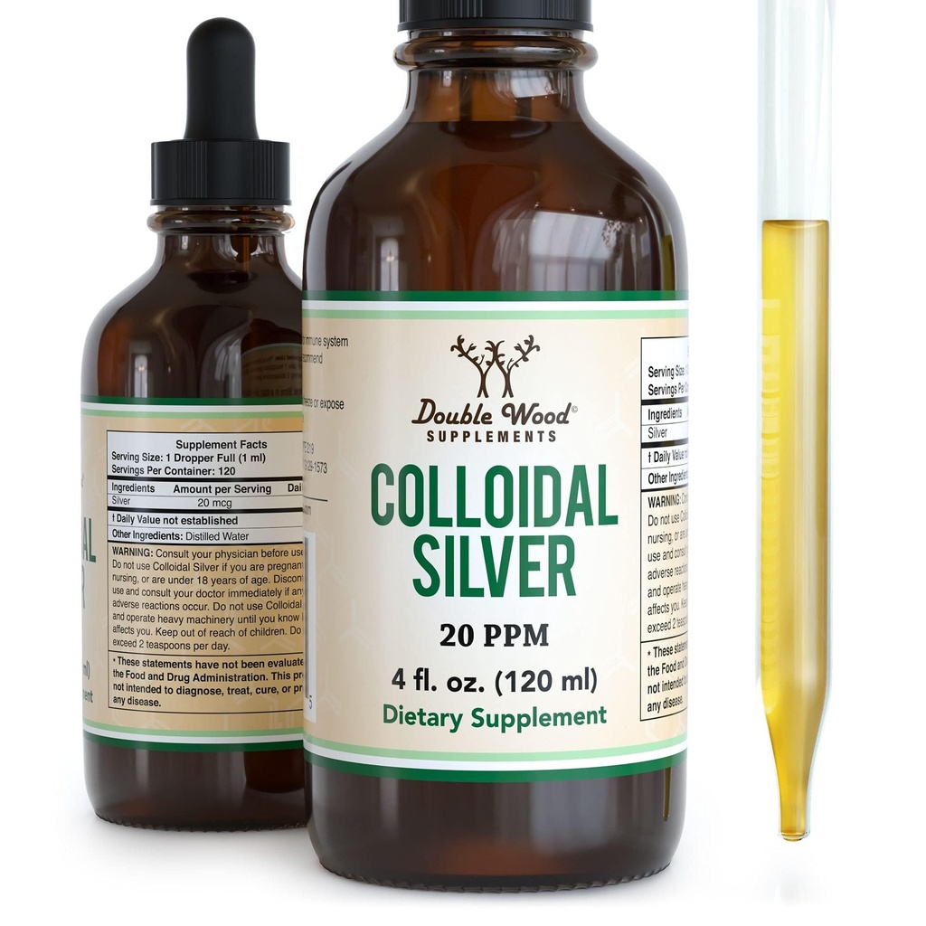 Colloidal Silver Liquid 20 PPM - 4 Fl OZ (Plata Coloidal with Dropper)% 99.9 Pure, Gluten Free, Non-GMO Tarafından Double Wood Supplements