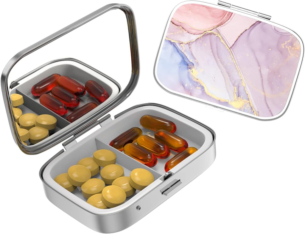 Cute Small Pill case for Pockets & Purses,Elegant Pill Box Makes a Great Gift,2 Compartment Travel Medicine Organizer Stores Progesterone,Capsule Pills, Ibuprofen, Vitamins-2