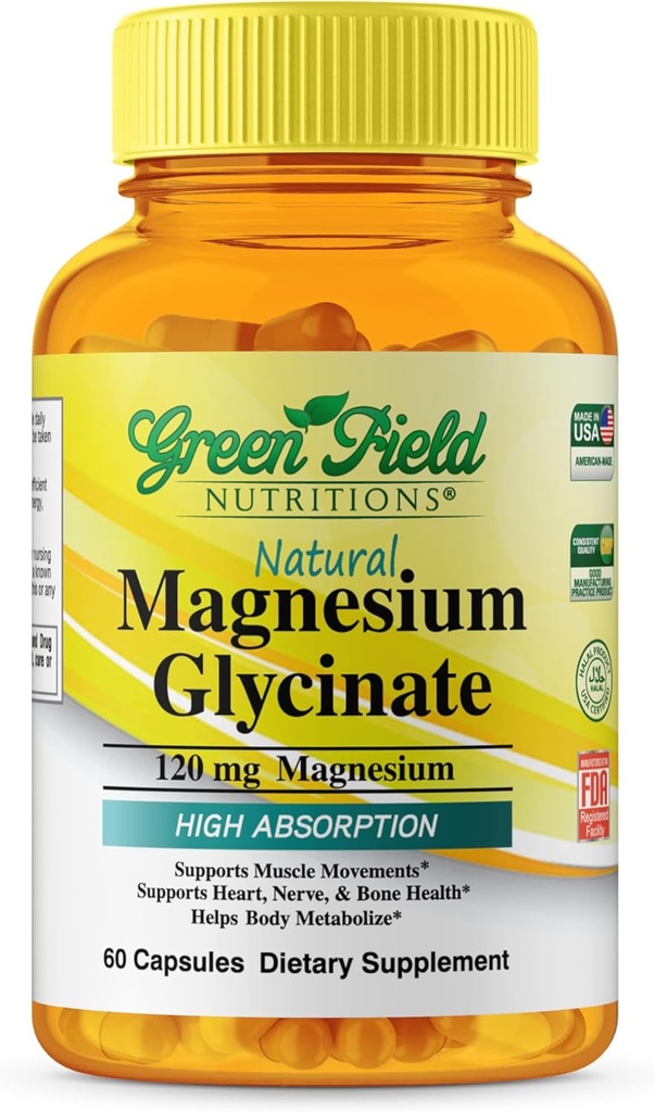 Greenfield Beslenmeler Halal Magnezyum Glycinate 120 mg (60 Capsules) - Gluten Free Pure Magnezyum Supplement - Hell Vitamin Destekleri Nerve, Heart, Bones ve Kas Hareketleri