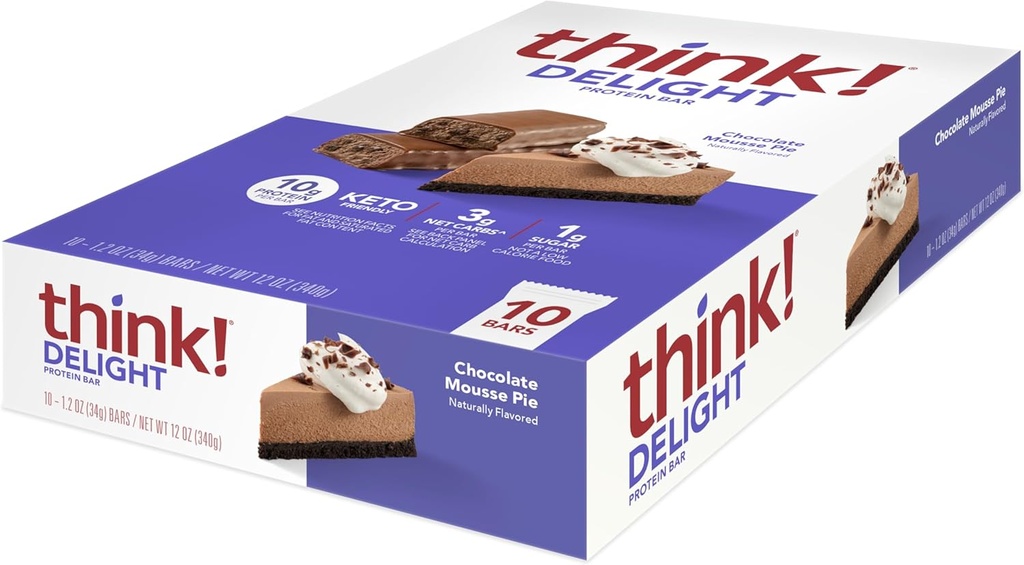 Düşün! Delight, Keto Protein Barlar, Sağlıklı Low Carb, Gluten Free Snack - Chocolate Mousse Pie, 10 Kont (Pazar Mayıs Vary)