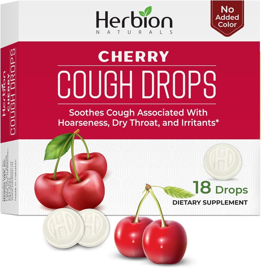 HERBION Naturals Cough Drops, Dietary Supplement, Soothes Cough, Yetişkinler ve Çocuklar için 6 Yıldan Fazla, Yapay Flavor, Eklenmedi Renk Say (18 ( 1), Cherry)