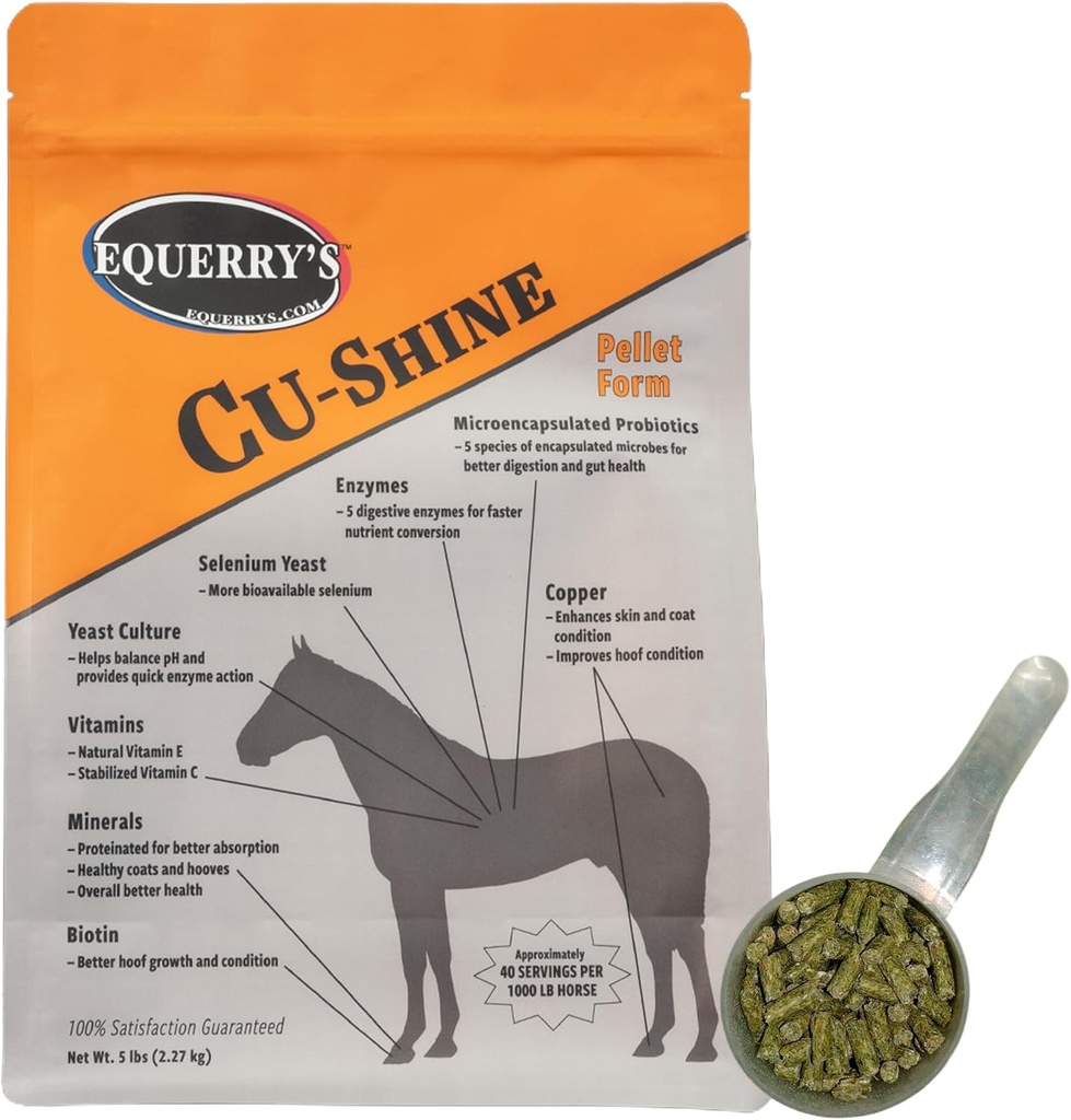 Cu-Shine Equerry Total Horse Health Pellet Supplement, Προβιοτικά Αλόγου, Βιοτίνη για την Ακτινοκονία, Συμπληρώματα Πεπτικού για τη Δυσκοιλιότητα και την Υγεία των Ούρων - 5LB