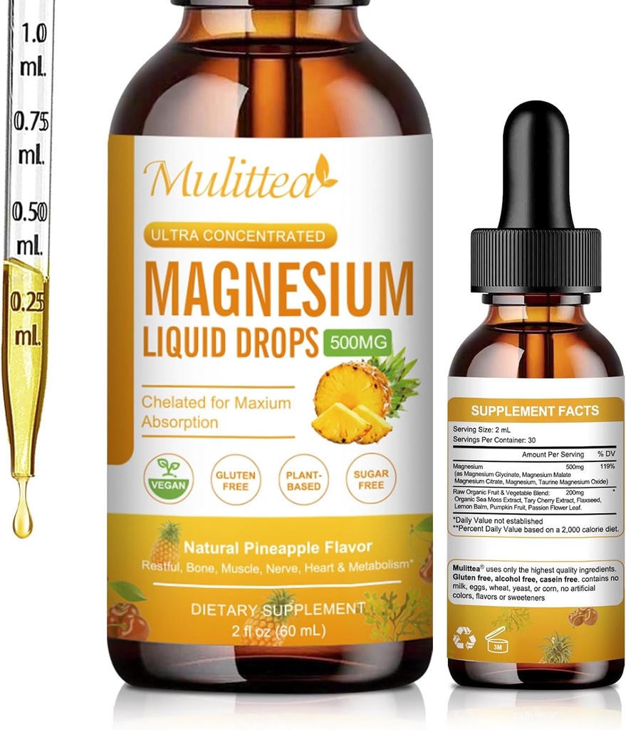Magnezyum Liquid Drops - Yüksek Abpole 5in-1 Magnezyum Kompleksi Glycinate, Malate, Citrate, Taurate - Bone, Muscles, Nerves & Energy - Vegan, Sugar Free, 2 Fl.oz