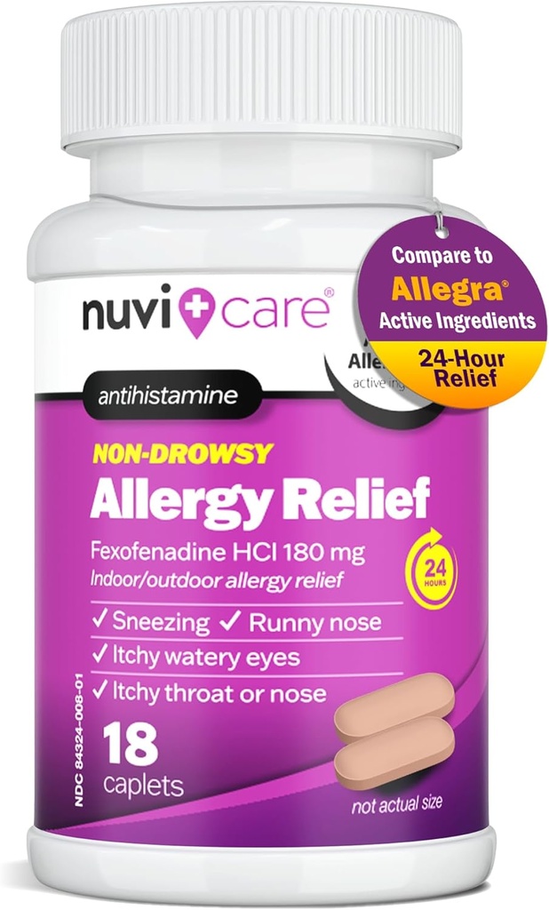 Fexofenadine 180mg 24 Hour - Fexofenadine Hydrochloride 180 mg Antihistamine for Allergy Relief, Hives, Runny Nose, Itching, Compare to Allegra 24 Hour Non Drowsy Allergy Medicine (18 Count)